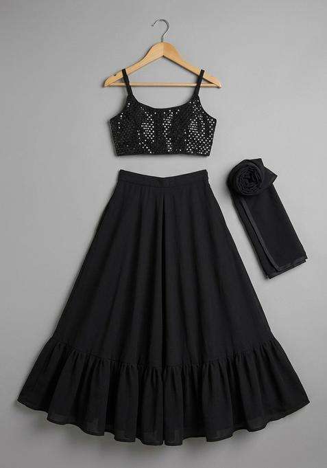 Girls Black Embellished Satin Lehenga Set