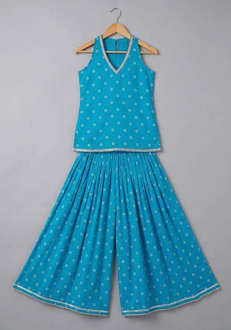 Girls Blue Figure Print Chanderi Lehenga Set