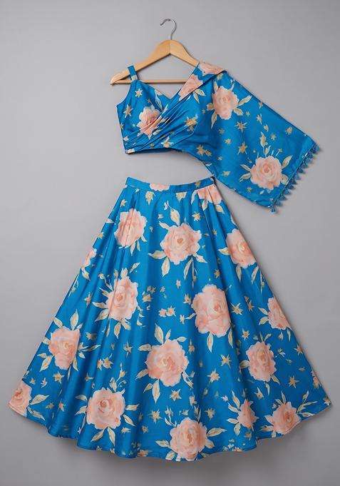 Girls Blue Floral Print Satin Crop Top Skirt Set