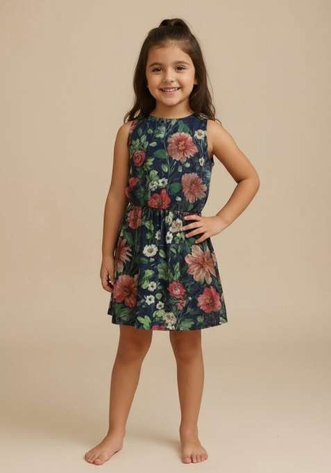 Blue Cotton Floral Print Dress For Girls