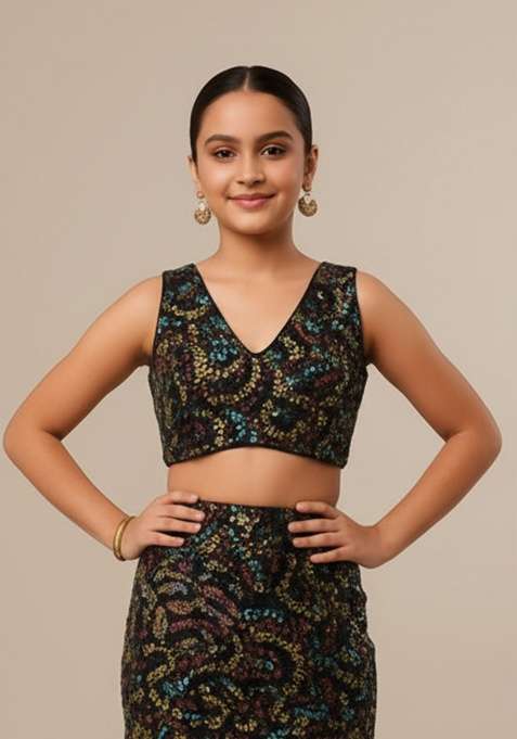 Multi Color Net Embroidered Fusion Set For Girls