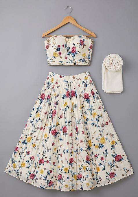 Girls Off White Printed Crepe Lehenga Set