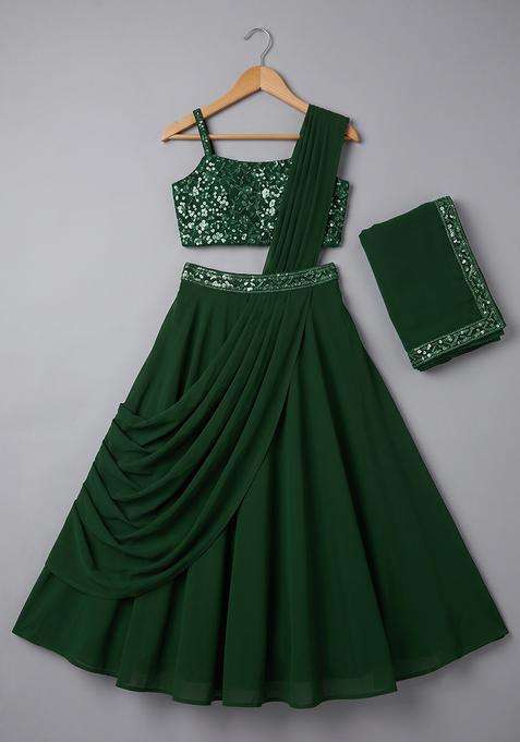 Girls Green Sequin Embellished Blouse Georgette Lehenga Set