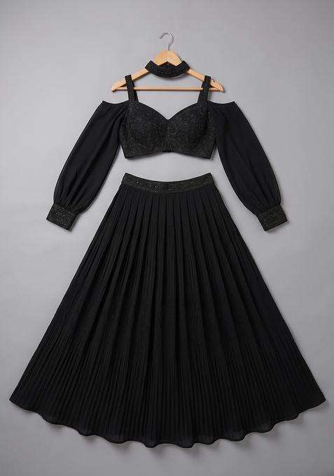 Girls Black Georgette Embellished Blouse Lehenga Set