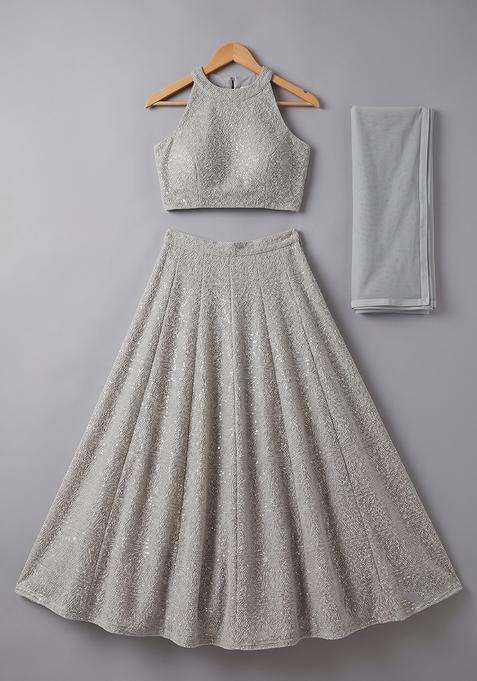 Girls Cream Embroidered Net Lehenga Set