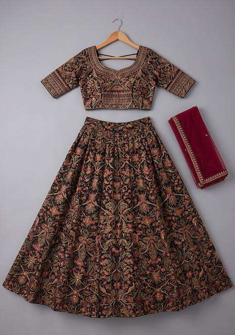 Girls Black Floral Print Lehenga Set