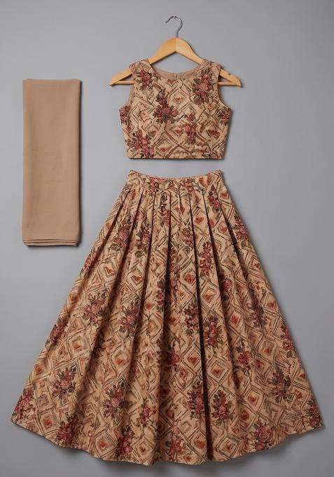 Girls Beige Printed Tussar Lehenga Set