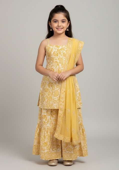 Girls White Embroidered Georgette Sharara Set
