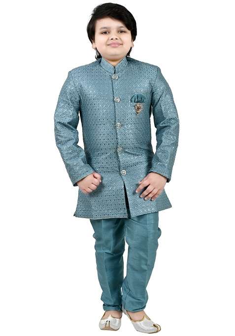 Blue Jacquard Jacquard Boys Sherwani