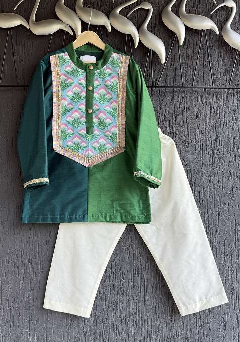 Mint Printed Cotton Kurta Set For Boys
