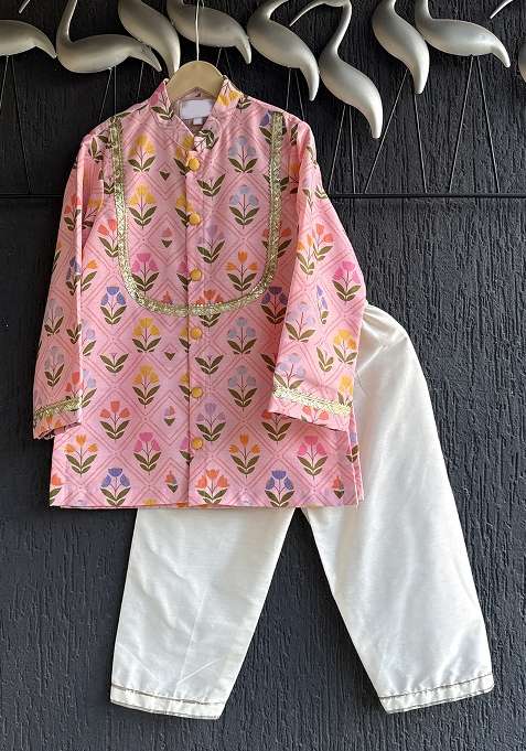 Pink Printed Cotton Silk Kurta Set For Boys