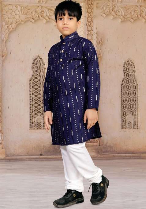 Blue Sequins Work Cotton Kurta With Pyjama For Boys