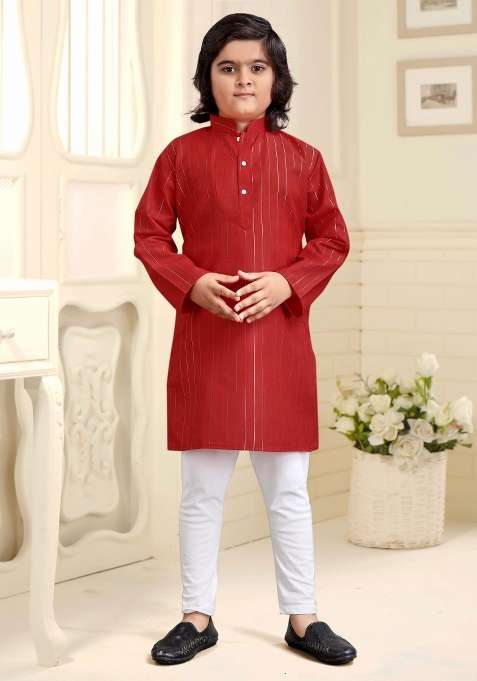 Red Embroidered Cotton Kurta With Pyjama For Boys