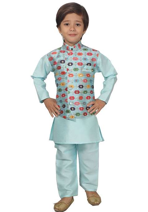Blue Printed Cotton Blend Kurta Set With Jacket For Boys