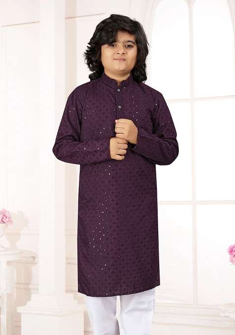 Wine Cotton Chikankari Work Kurta Pyjama For Boys