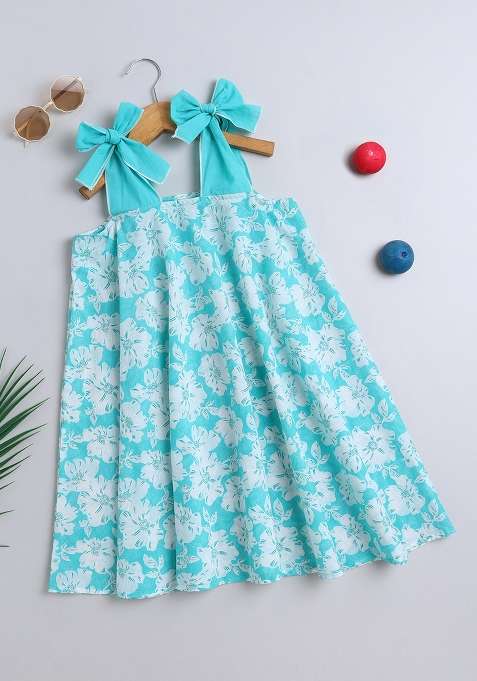 Blue Printed Cotton Dress For Girls