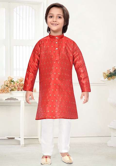 Orange Jacquard Kurta Set For Boys