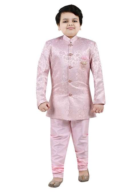 Pink Self Design Jacquard Kurta Set For Boys