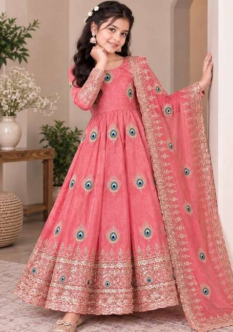 Peach Pink Embroidery Silk Kurta Set For Girls