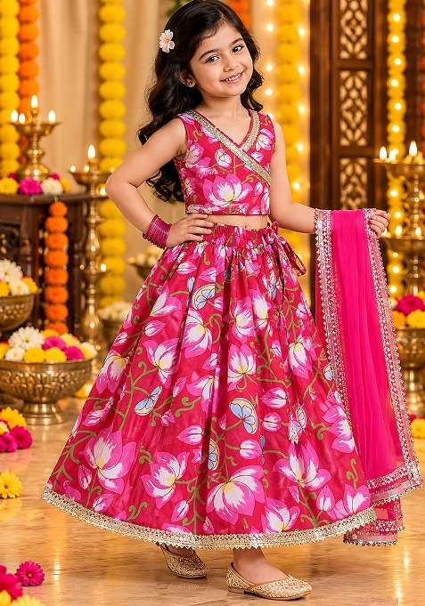 Red Cotton Lehenga Set For Girls