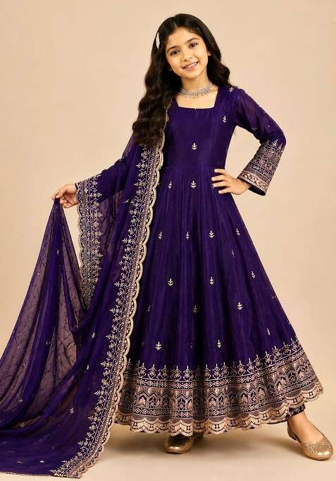 Purple Embroidery Silk Kurta Set For Girls