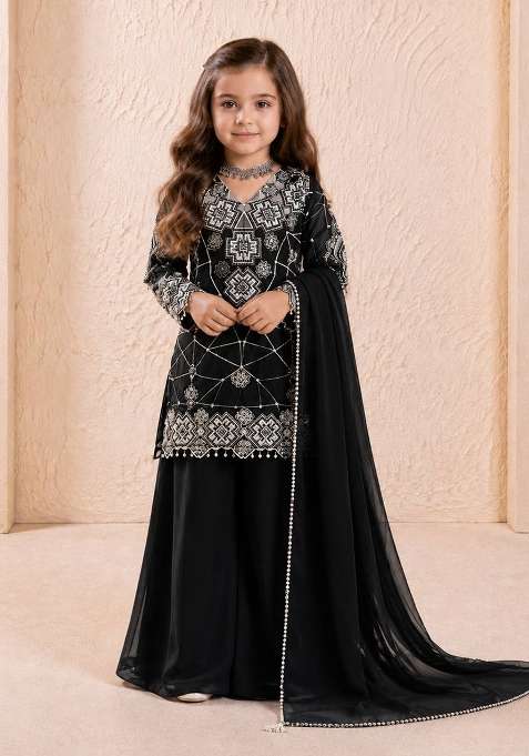 Black Embroidery Georgette Kurta Set For Girls