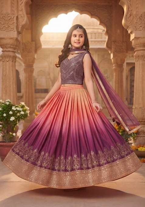Purple Embroidered Silk Lehenga Set For Girls