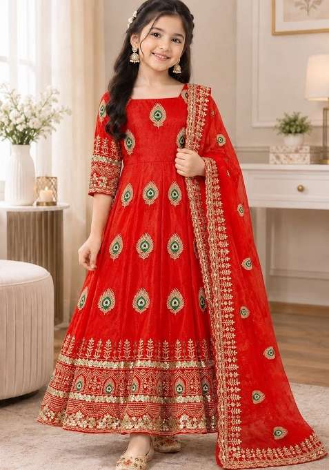 Orange Embroidered Silk Gown Set For Girls