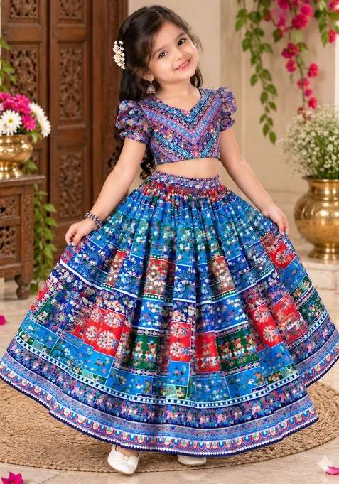 Blue Printed Silk Lehenga Set For Girls