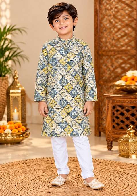 Grey Printed Cotton Kurta Set For Boys