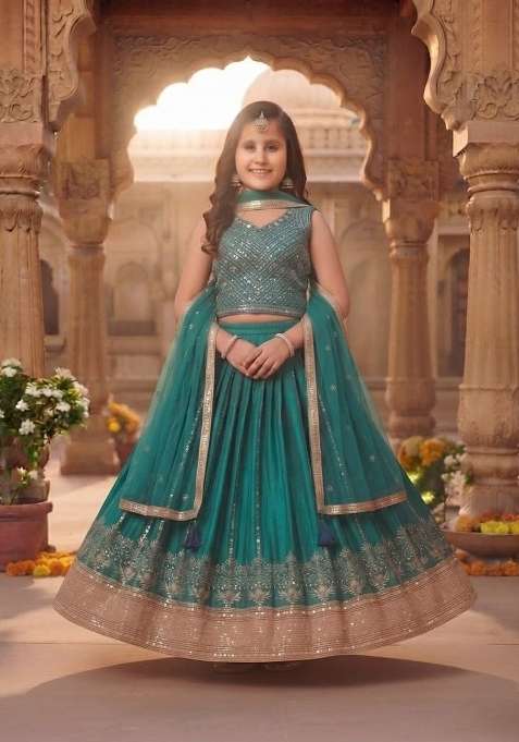 Teal Green Embroidered Silk Lehenga Set For Girls