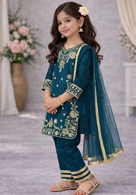 Peacock Teal Embroidery Silk Palazzo Suit For Girls