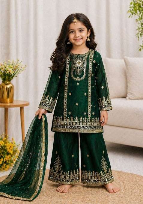 Dark Green Embroidery Silk Palazzo Suit For Girls