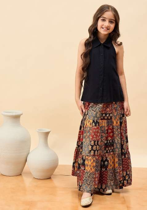 Black Printed Rayon Lehenga Set For Girls