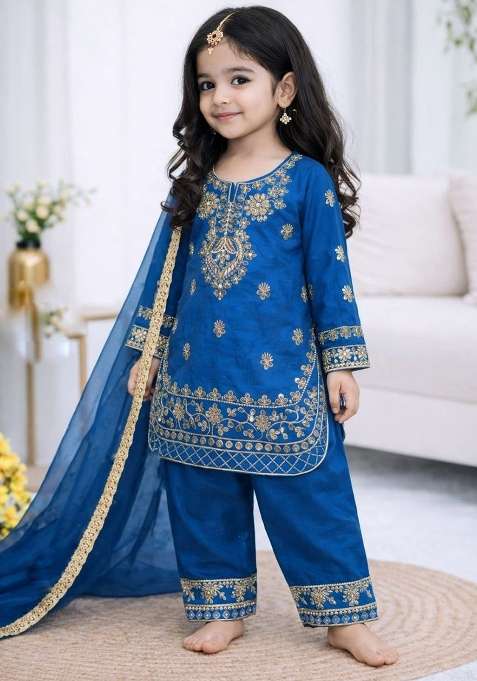 Blue Embroidery Silk Palazzo Suit For Girls