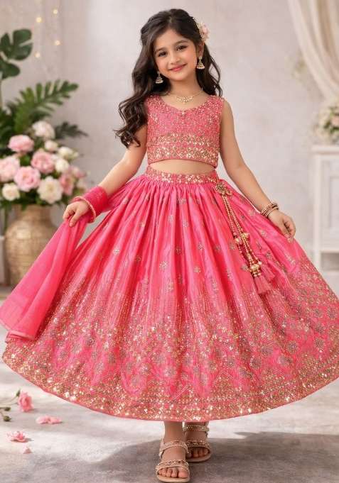 Magenta Embroidery Silk Lehenga Set For Girls