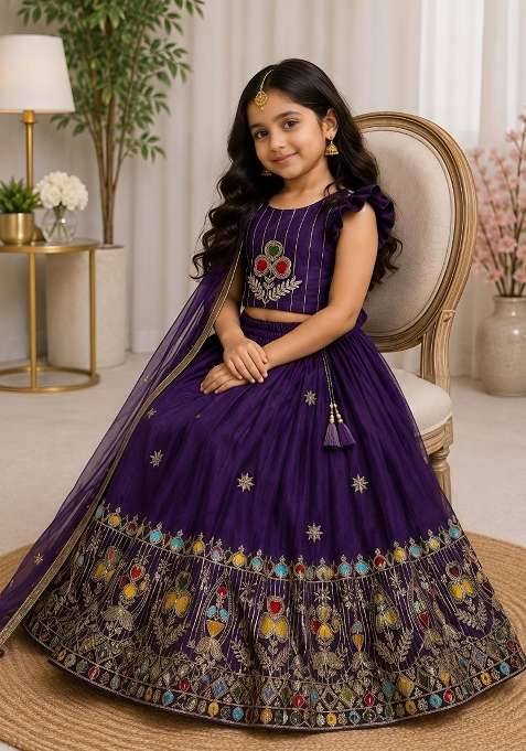 Purple Embroidery Silk Lehenga Set For Girls