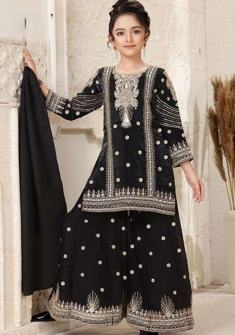 Black Embroidery Silk Palazzo Suit For Girls