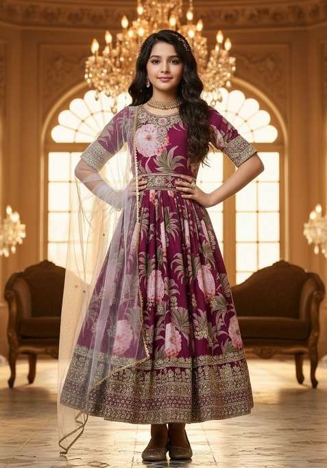 Wine Embroidery Georgette Gown Set For Girls