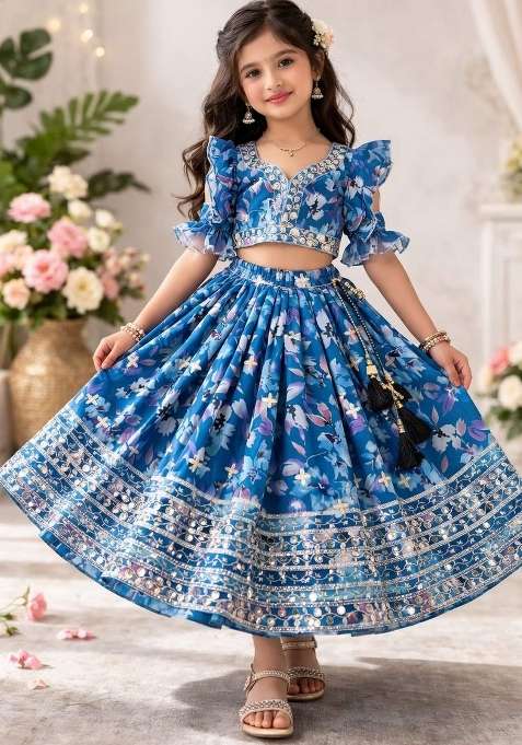 Blue Embroidery Georgette Lehenga Set For Girls