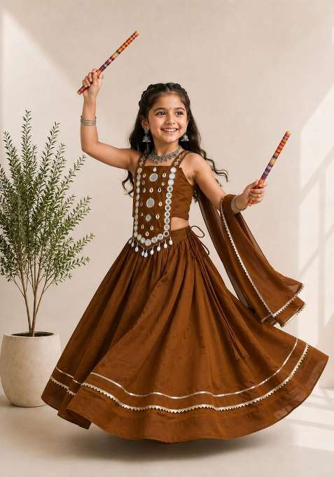 Coffee Brown Mirror Work Silk Lehenga Set For Girls
