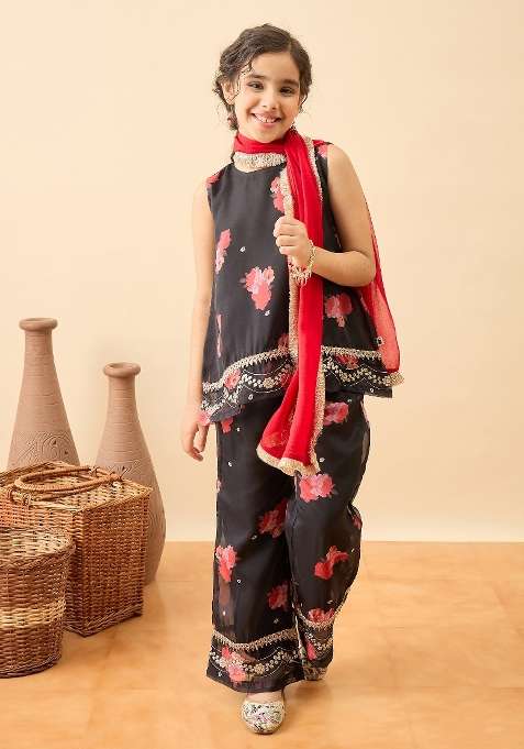 Black Embroidery Polyester Kurta Set For Girls