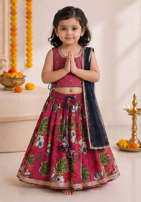 Pink Cotton Lehenga Set For Girls