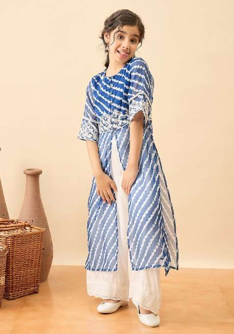Blue Embroidery Polyester Kurta Set For Girls