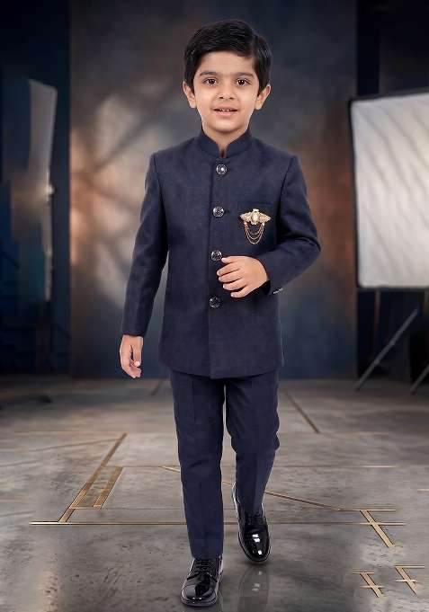 Blue Jacquard Sherwani Set For Boys