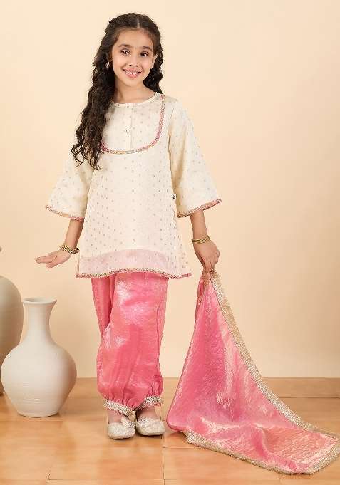 White Embroidery Polyester Kurta Set For Girls