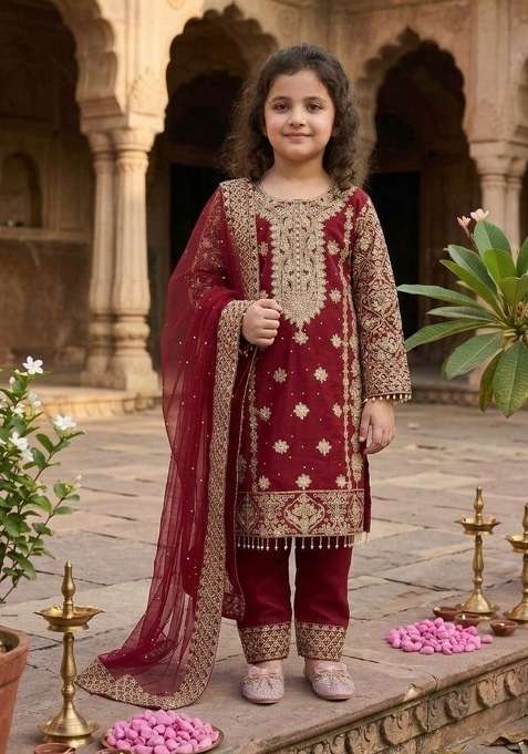 Deep Maroon Embroidery Georgette Kurta Set For Girls
