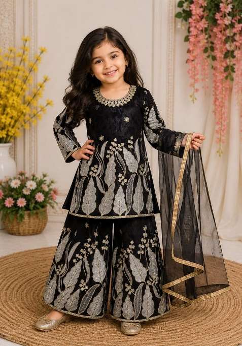 Black Embroidery Net Palazzo Set For Girls