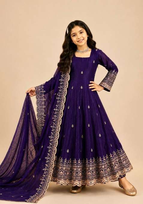 Purple Embroidery Silk Anarkali Set For Girls