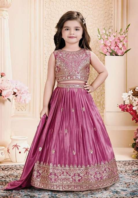 Mauve Pink Embroidery Chinon Lehenga Set For Girls